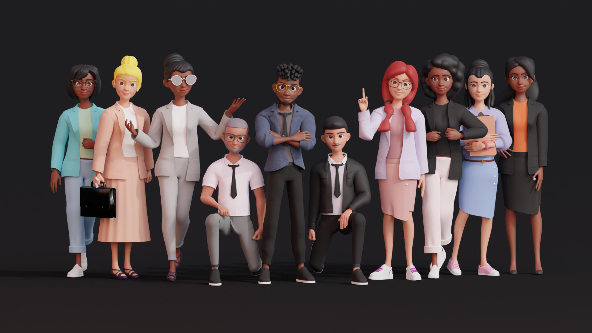 Mulitple poses of business characters and 3D illustration in Blender